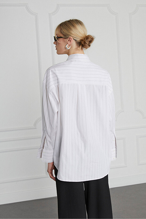 Poplin Çizgili Oversize Gömlek - 5