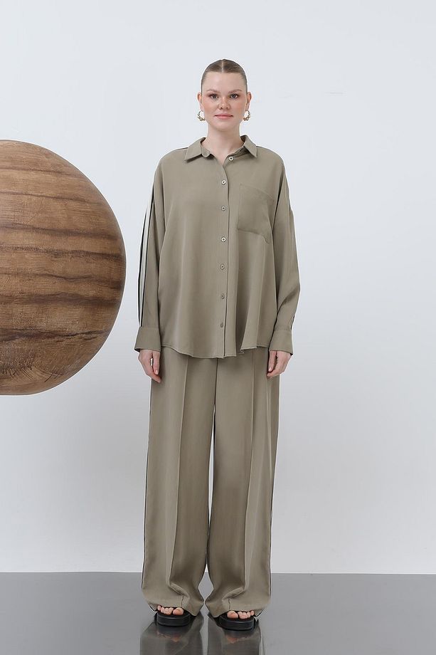Kadın Kol Şeritli Basic Gömlek - 32197GML - KHAKI - 2