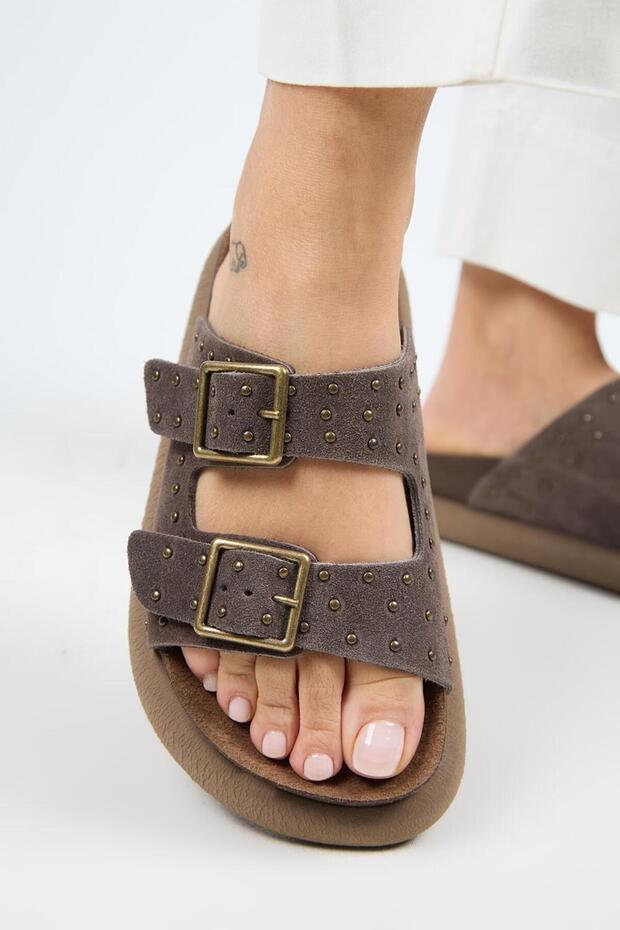 (Sude) Women's Genuine Leather Double Buckle Trock Light Brown Slippers