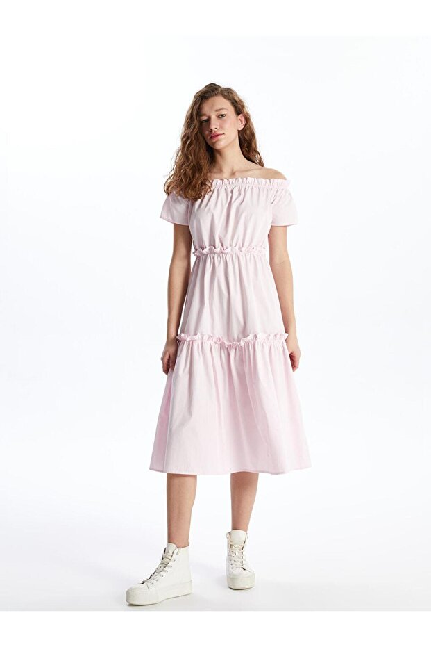Boat Neck Plain Short Sleeve Women's Dress (S4)