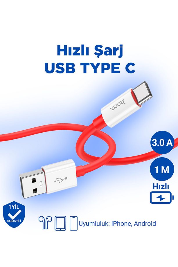 X87 3a Type-c To Usb Iphone Android Uyumlu Hızlı Şarj Veri Kablosu Kırmızı 1 Metre - 1