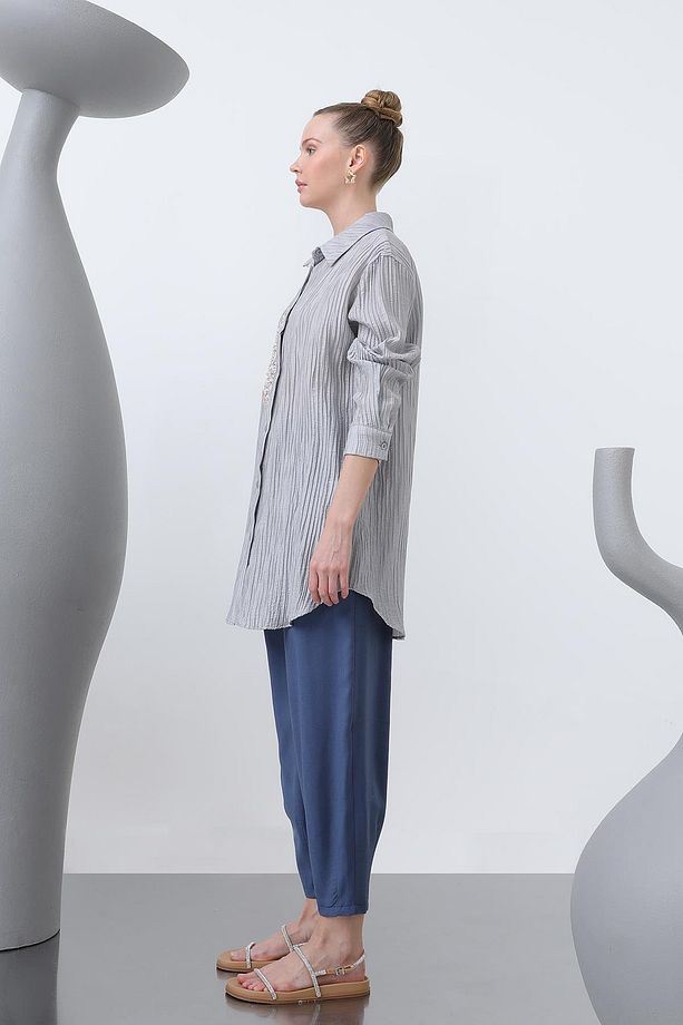 Kadın Önü Yıldız Nakışlı Gömlek Tunik - 10646GML - GREY - 5