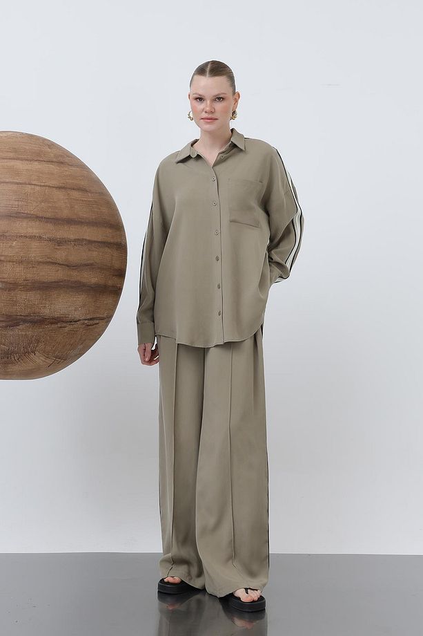 Kadın Kol Şeritli Basic Gömlek - 32197GML - KHAKI - 5