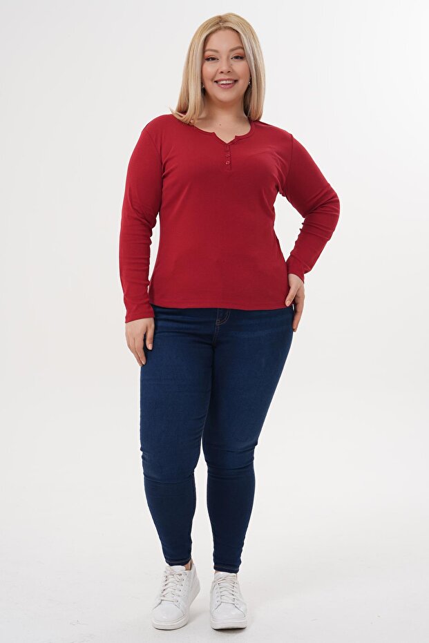 Plus Size Button Detailed Cotton Lycra Basic Blouse - 3