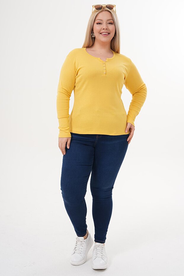 Plus Size Button Detailed Cotton Lycra Basic Blouse - 3