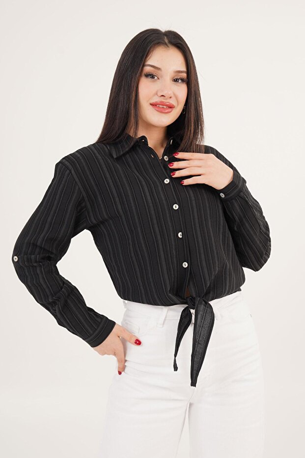 Striped Black Crop Shirt with Tie Detail
