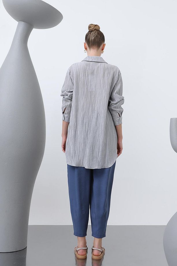 Kadın Önü Yıldız Nakışlı Gömlek Tunik - 10646GML - GREY - 6