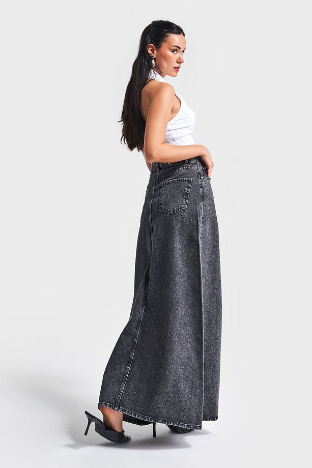 Kadın Antrasit Kot Rengi 3S5-14 Çan Kesim %100 Koton Maxi Boy 100 cm Denim Etek - 6