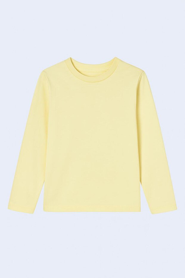 %100 Pamuklu Kız ve Erkek Unisex Uzun Kollu Basic Tshirt Sarı - 1