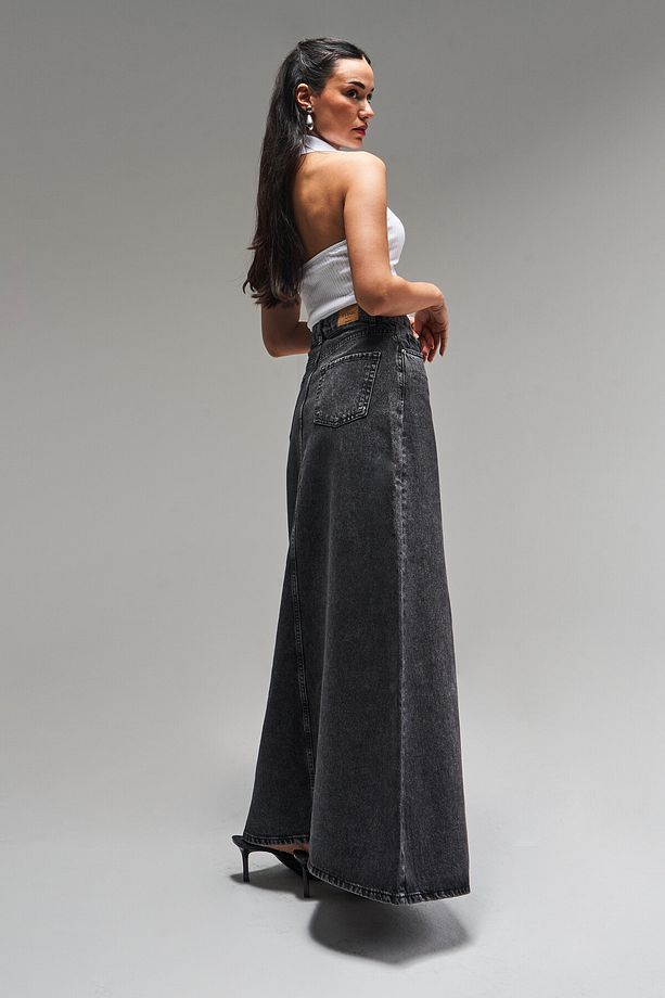 Kadın Antrasit Kot Rengi 3S5-14 Çan Kesim %100 Koton Maxi Boy 100 cm Denim Etek - 4