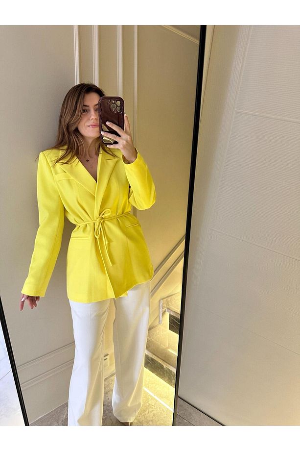Sarı İp Bağlamalı Blazer Ceket - 6