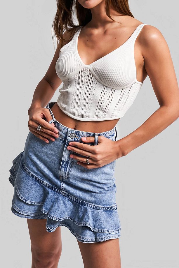 Kadın Snow Kot Rengi 3S5-27 Volanlı %100 Koton Tasarım Denim Mini Etek - 4