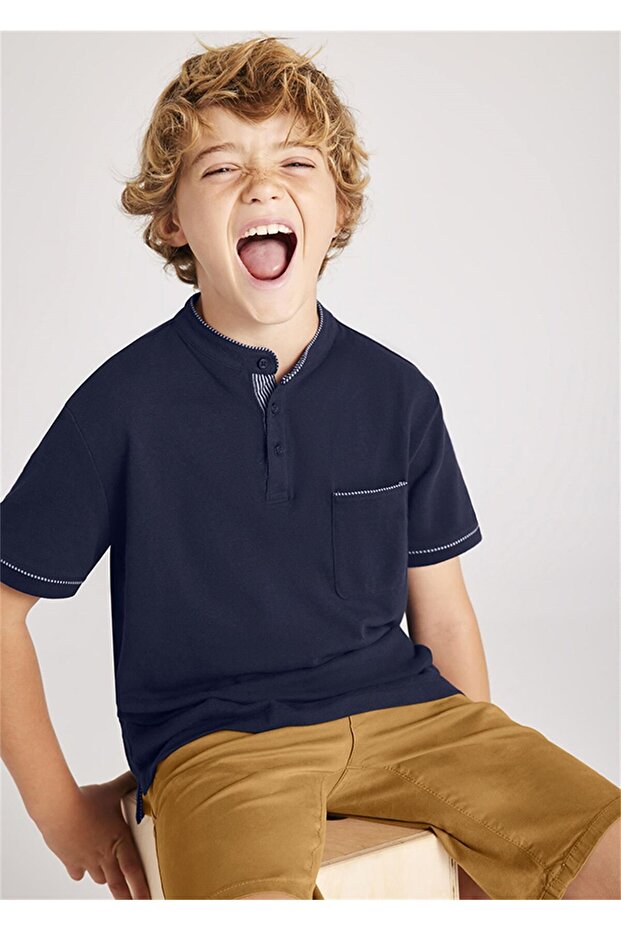 Boy's Mao Collar T-Shirt Navy Blue 6131