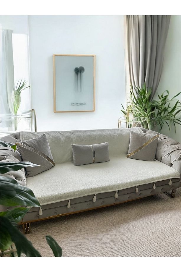 Pati Dostu Koltuk Örtüsü Döşemelik Kumaş Püsküllü Kaymaz Sırt Ve Oturma Yerini Kaplar 140x200 Cm - 3