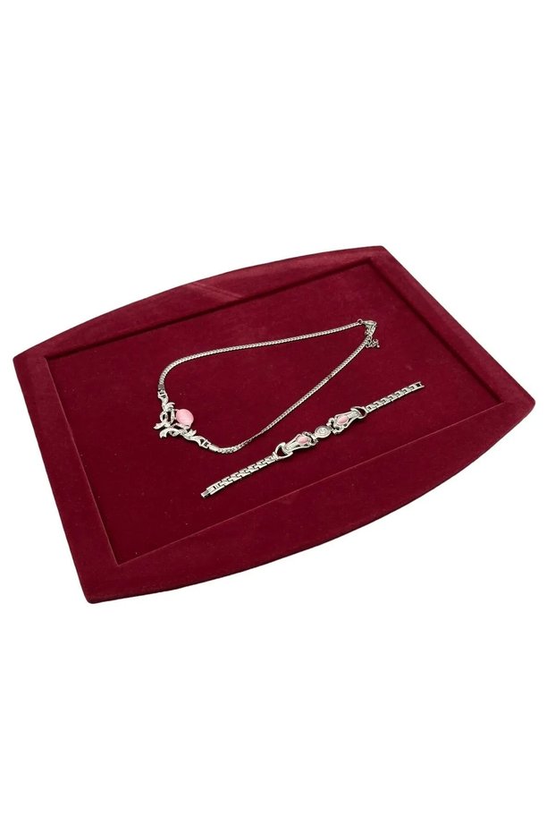 Domestic Production Suede Fabric Burgundy Color Necklace Earring Ring Jewelry Service Presentation Table