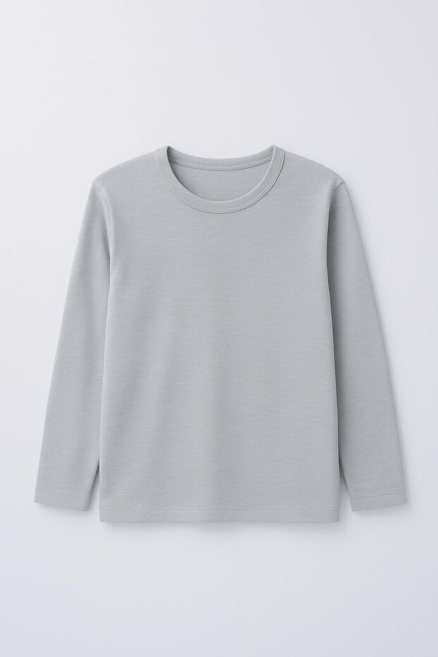 %100 Pamuklu Kız Ve Erkek Unisex Uzun Kollu Basic Tshirt Gri - 1