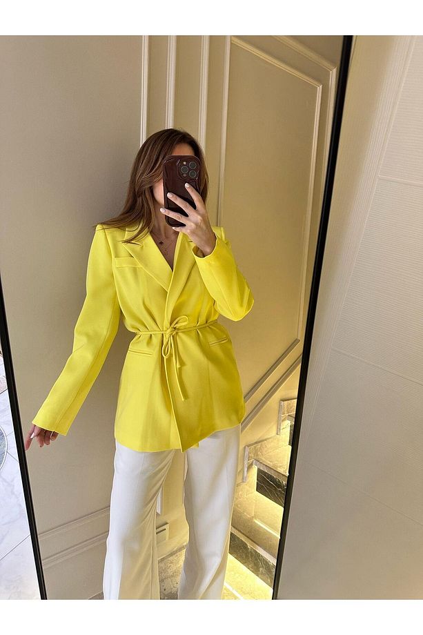 Sarı İp Bağlamalı Blazer Ceket - 2