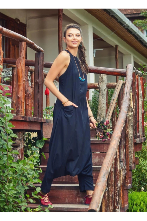 Halter Yaka Sırt Dekolteli Siyah Şalvar Tulum - 3