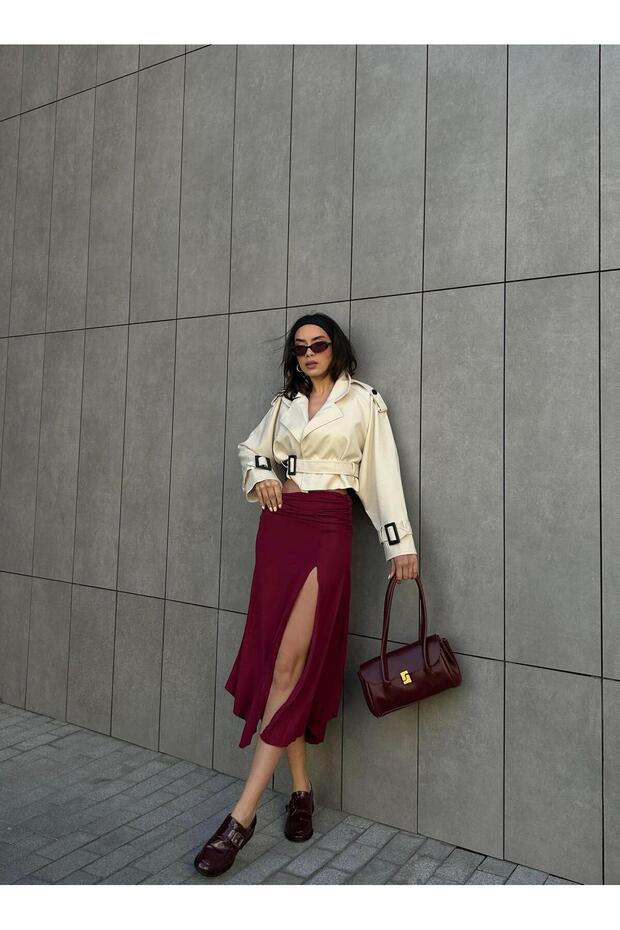 Women's Burgundy Deep Slit Waist Gathered Combed Cotton Skirt 29114