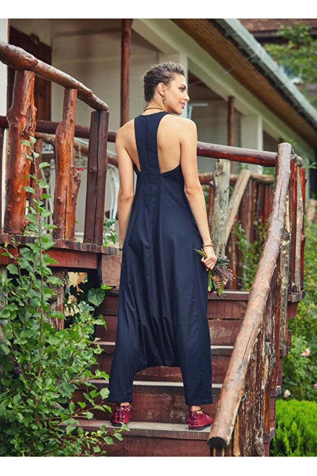 Halter Yaka Sırt Dekolteli Siyah Şalvar Tulum - 4