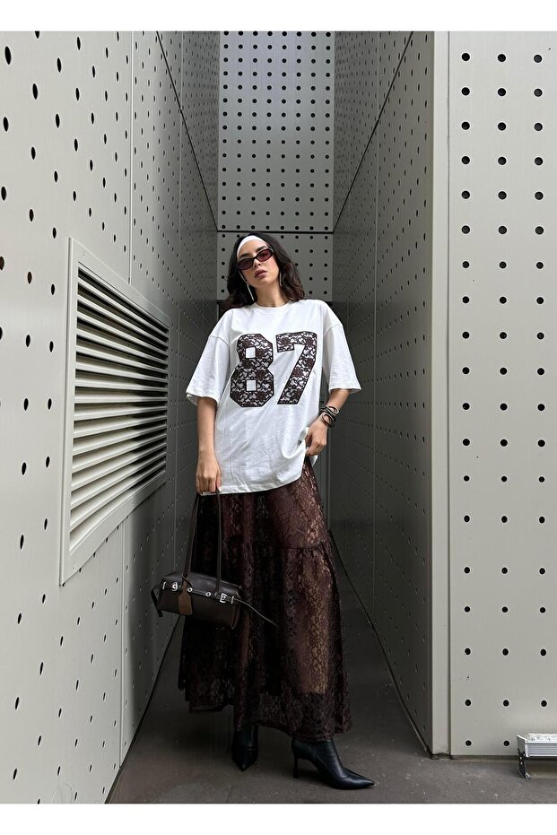 Women's Brown Lace Embroidered Oversize T-Shirt 29055
