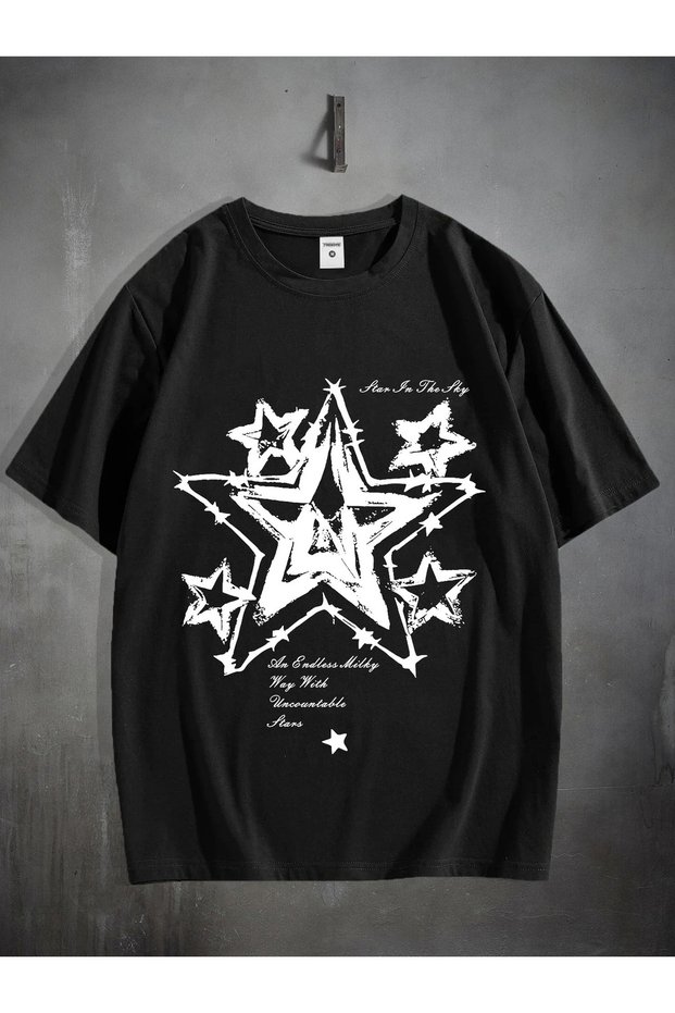 Men's Comfortable Round Neck T-Shirt with Geometric Pentagram Pattern, Knitted Fabric, Slightly Stretch,