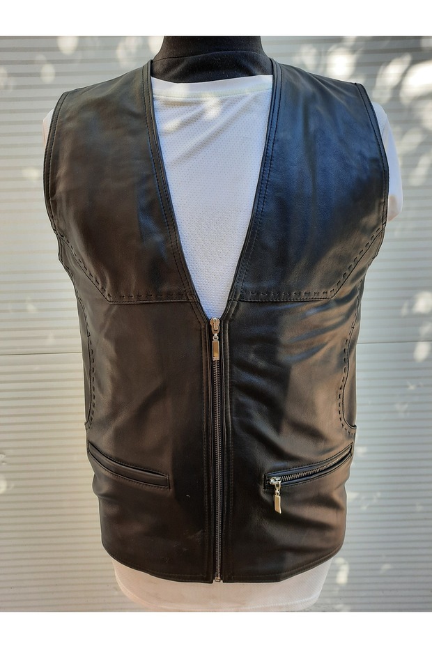 Genuine Leather Moto Style Leather Vest with Zipper