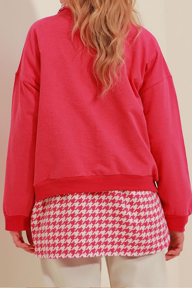 Kadın Fuşya Bisiklet Yaka Oversize Basic Mevsimlik Sweatshirt Vgn-669-001 - 3
