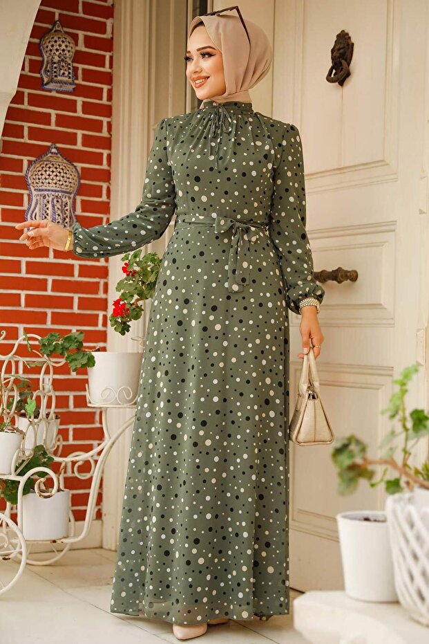 Polka Dot Patterned Khaki Hijab Dress 279065Hk