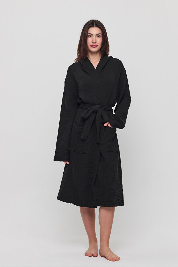 Women's Muslin Pocket Tie Hooded Black Bathrobe