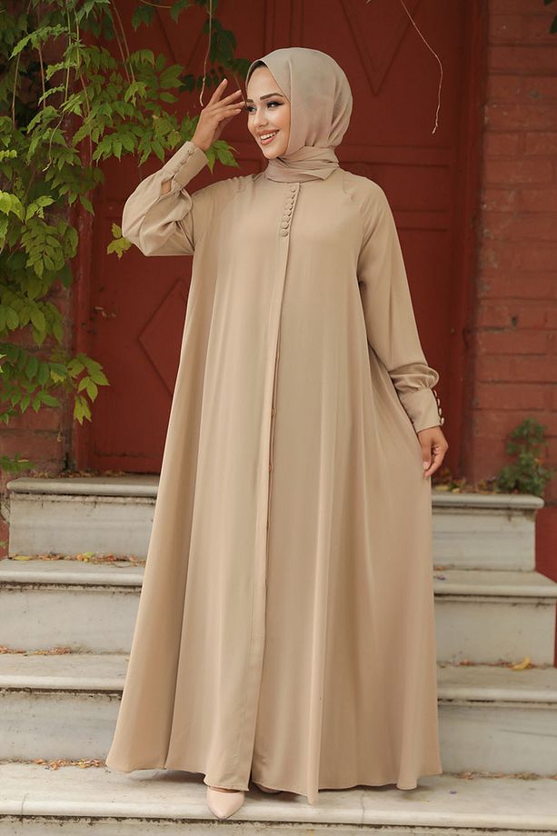 Düğmeli Camel Tesettür Elbise 520066C - 2