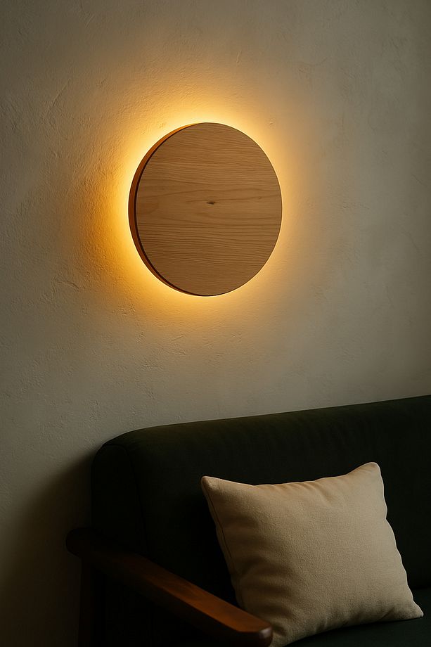 30cm Çap Yuvarlak Daire El Yapımı Aplik, Pilli Açma Kapama Düğmeli Çam Ağacı Ahşap Rustik Led - 5