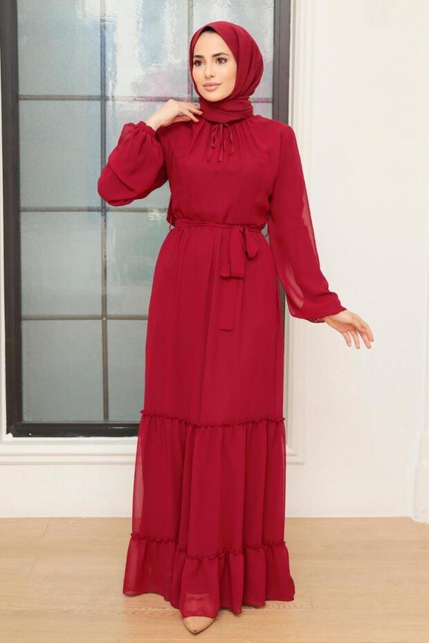 Pleated Burgundy Hijab Dress 5726Br