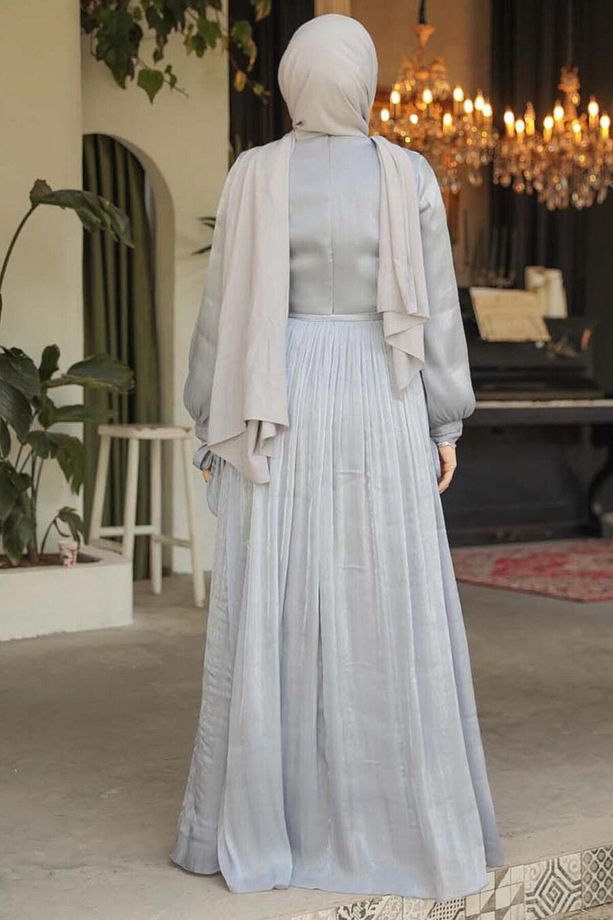 Drape Detaylı Gri Tesettür Elbise 44591GR - 3