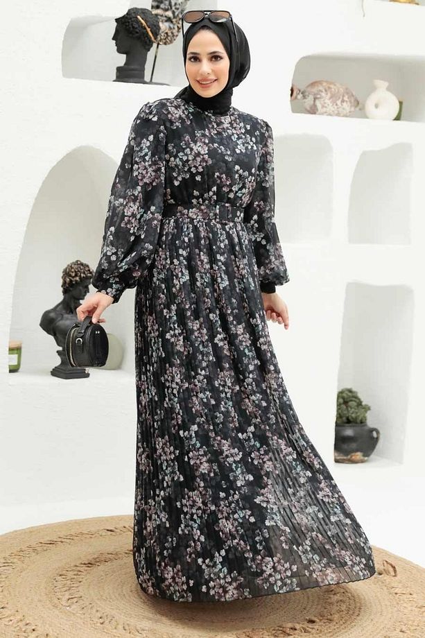 Çiçek Desenli Siyah Tesettür Elbise 3357s - 1