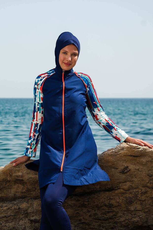 Indigo Blue Zippered Full Covered Hijab Swimsuit M2267IM