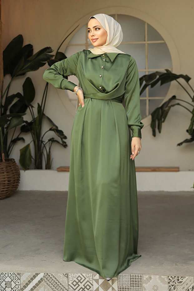 Green Satin Hijab Dress - Button Detail, 45661CY