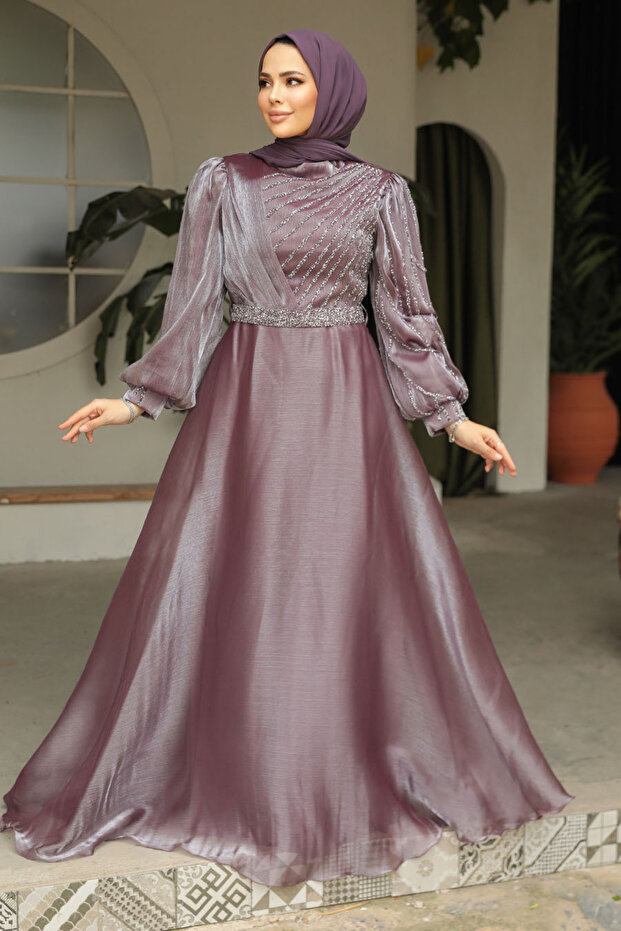 Beaded Embroidered Dusty Rose Hijab Evening Dress 51921Gk