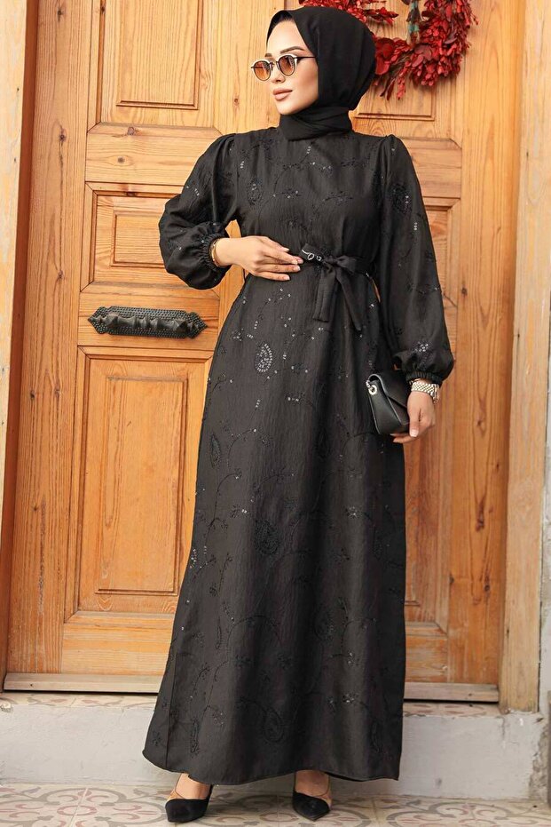 Black Hijab Dress - Floral Pattern, Model 30441S