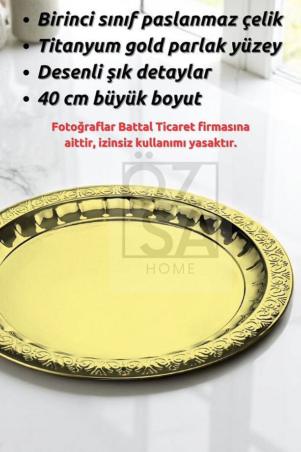 2 Adet Paslanmaz Çelik Desenli Gold Yuvarlak Çay Tepsi Kahve Servis Sunum Tepsi 40cm - 2