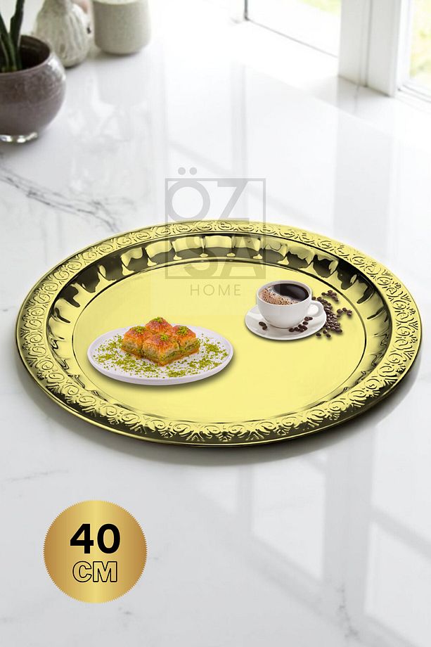 Paslanmaz Çelik Desenli Gold Yuvarlak Çay Tepsi Kahve Servis Sunum Tepsi 40cm - 1