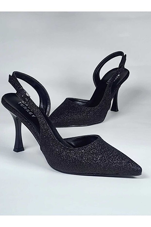 Banded High Thin Heeled Glittery Black Slingback Stiletto Shoes 9 cm Heel
