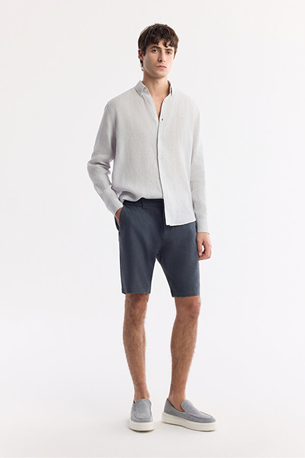 Erkek Antrasit Beli Lastikli %100 Keten Relaxed Fit Şort B003732 - 7