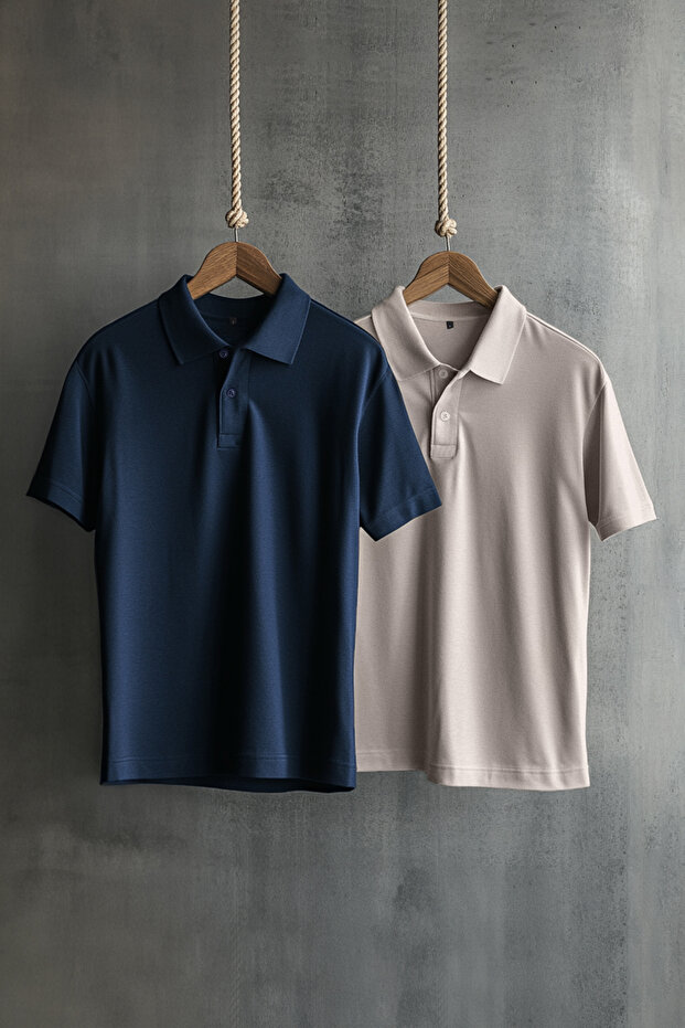 Lacivert-Gri 2'li Regular/Normal Kesim %100 Pamuklu Polo Yaka T-shirt - 1