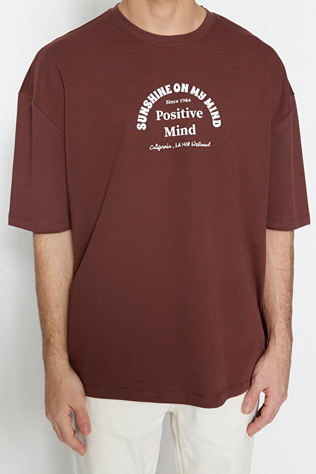 Kahverengi Oversize/Geniş Kesim Yazı Baskılı T-Shirt TMNSS23TS00083 - 4