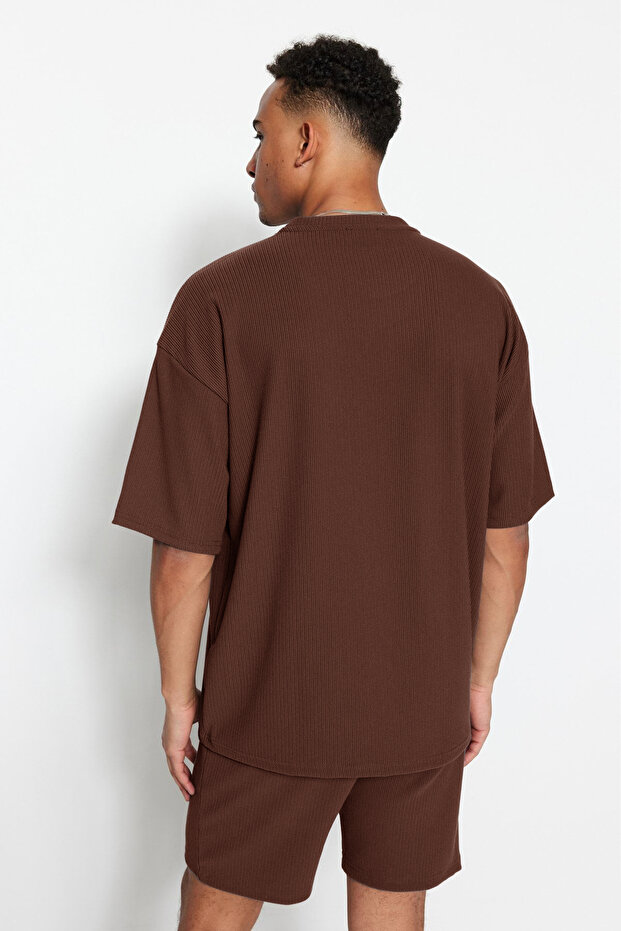 Kahverengi Oversize/Geniş Kesim Dokulu Ottoman T-Shirt TMNSS23TS00081 - 2