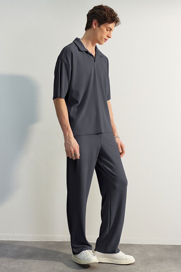Füme Oversize/Geniş Dokulu Kırışmaz Ottoman Polo Yaka T-Shirt TMNSS23PO00020 - 3