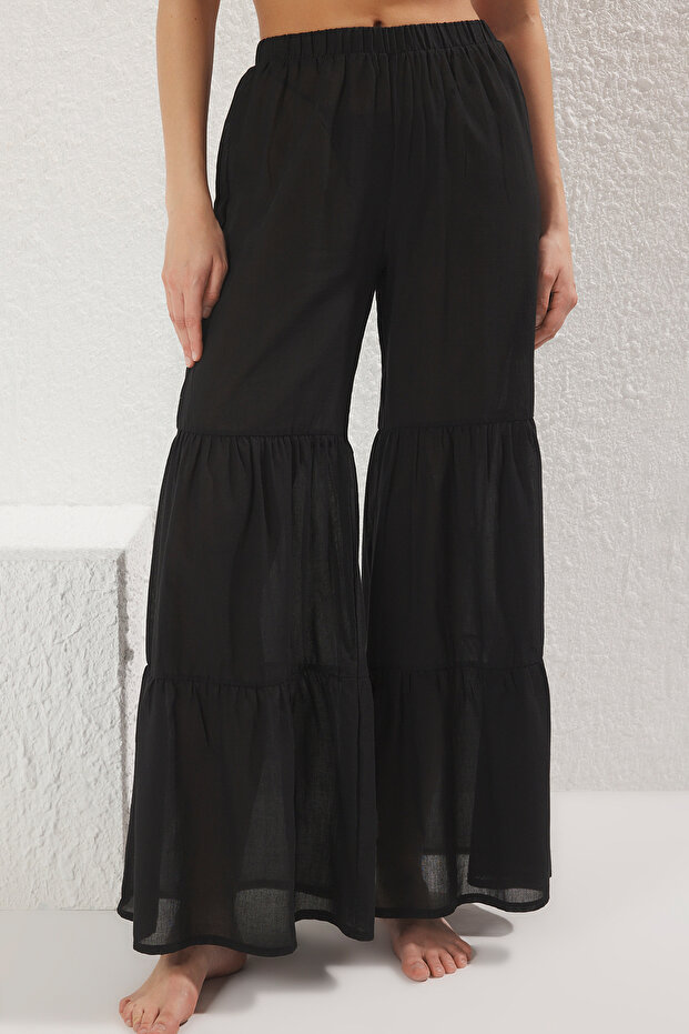 Siyah Dokuma Volanlı %100 Pamuk Maxi Plaj Yüksek Bel Pantolon TBESS25PL00003 - 3