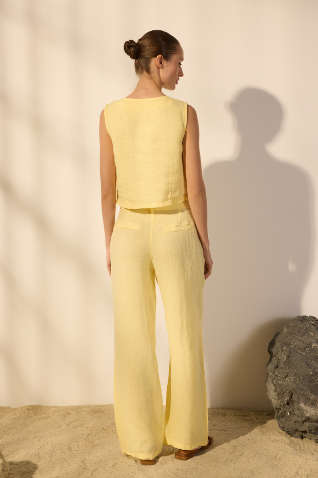 Sarı %100 Keten Pileli Yüksek Bel Wide Leg Pantolon TWOSS24JE00245 - 4