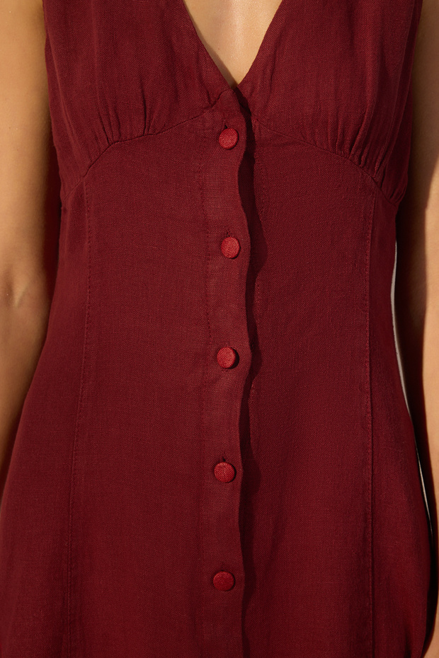 Bordo %100 Keten Midi Düğme Detaylı V Yaka Elbise TWOSS25EL00635 - 3